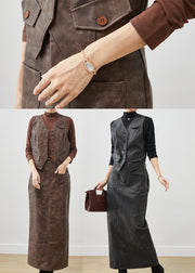 Bohemian Khaki Tie Dye Faux Leather Two Piece Set Women Clothing Winter