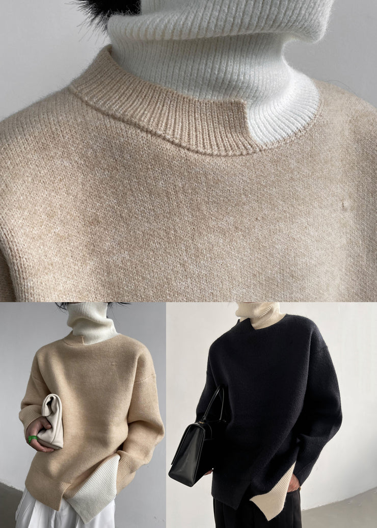 Bohemian Khaki Turtle Neck Patchwork Oversized Knitted Tops Winter