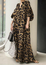 Bohemian Khaki V Neck Leopard Print Chiffon Maxi Dress Puff Sleeve