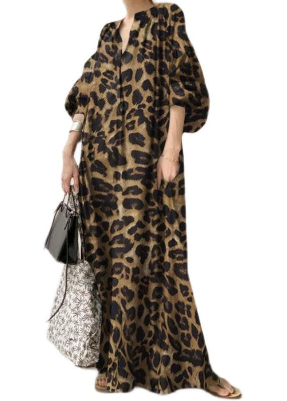Bohemian Khaki V Neck Leopard Print Chiffon Maxi Dress Puff Sleeve