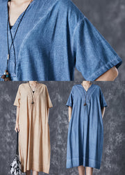 Bohemian Khaki V Neck Pockets Linen Long Dress Summer