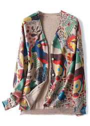 Bohemian Khaki V Neck Print Button Knit Cardigan Spring