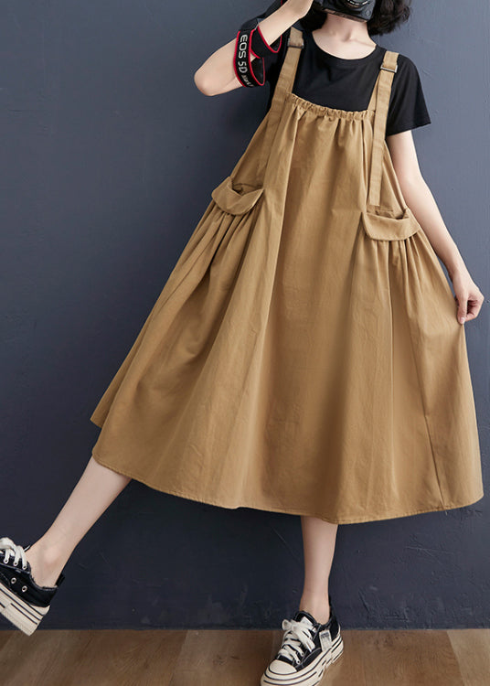 Bohemian Khaki wrinkled pockets Strap Dress Summer