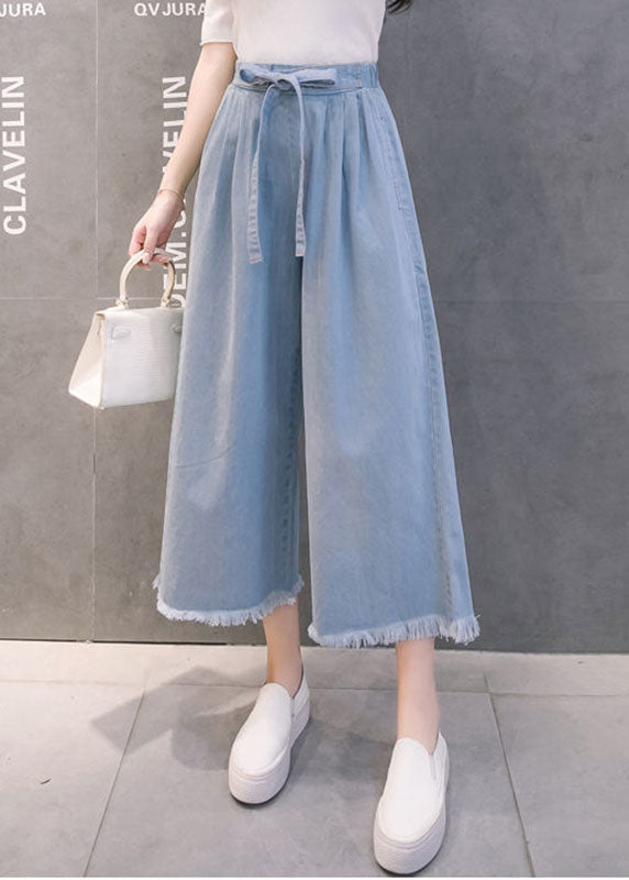 Böhmische hellblaue Schleife Quaste Taschen Baumwolle Hose mit weitem Bein Sommer
