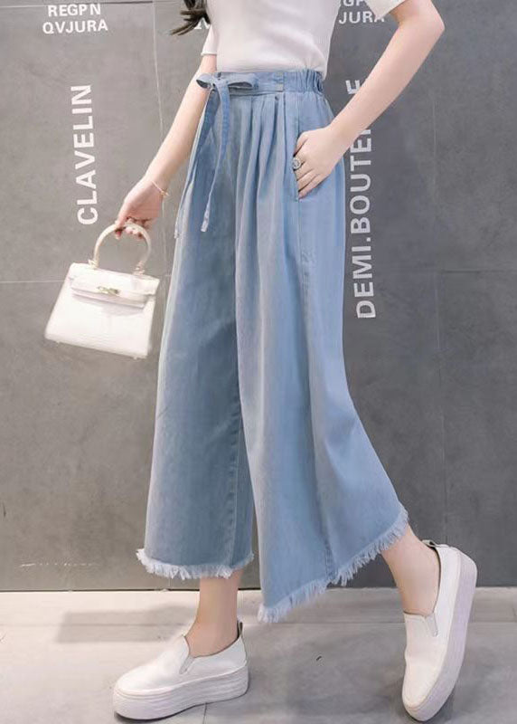 Böhmische hellblaue Schleife Quaste Taschen Baumwolle Hose mit weitem Bein Sommer