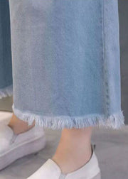Bohemian Light Blue Bow Tassel Pockets Cotton Wide Leg Pants Summer