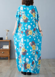 Bohemian Light Blue O-Neck Print Cotton Maxi Dresses Summer