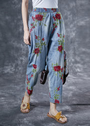 Bohemian Light Blue Rose Embroidered Pockets Cotton Harem Pants Summer