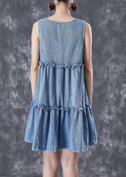 Bohemian Light Blue Ruffled Patchwork Denim Mini Dresses Sleeveless
