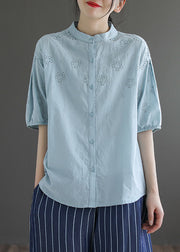 Bohemian Light Blue Stand Collar Embroidered Button Cotton Shirt Half Sleeve