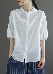 Bohemian Light Blue Stand Collar Embroidered Button Cotton Shirt Half Sleeve