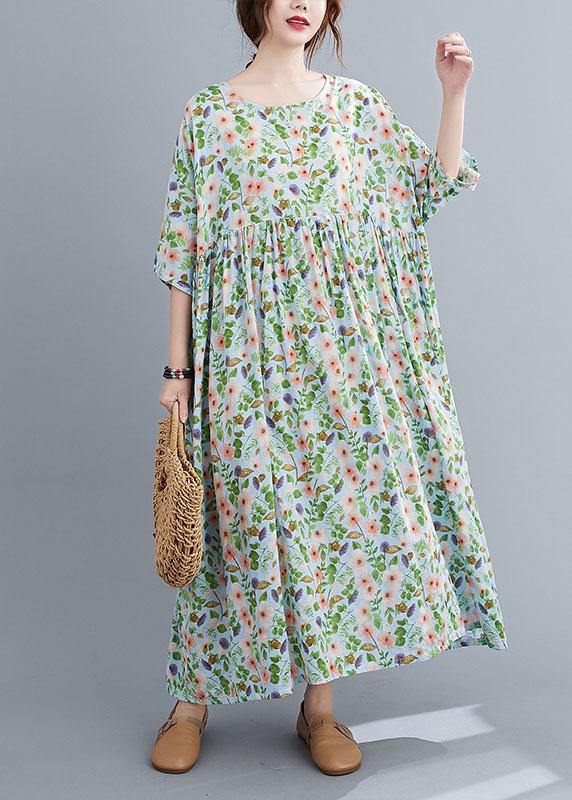 Bohemian Light Green O-Neck Patchwork Print Summer Dress Half Sleeve - SooLinen