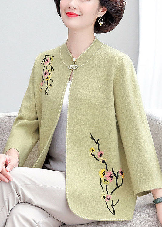 Bohemian Light Green Stand Collar Embroidered Woolen Loose Cardigan Fall