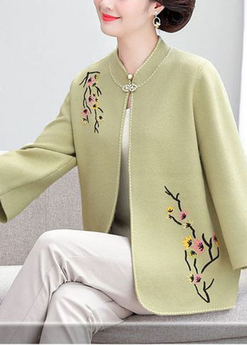 Bohemian Light Green Stand Collar Embroidered Woolen Loose Cardigan Fall