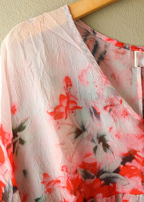 Bohemian Light Pink Print V Neck Patchwork Wrinkled Cotton Top Short Sleeve
