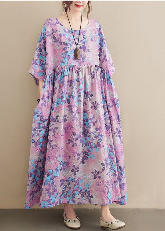 Bohemian Light Purple Oversized Print Cotton Holiday Dress Summer