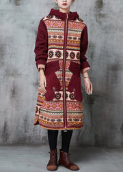 Bohemian Mulberry Hooded Print Pockets Fine Cotton Filled Coats Winter