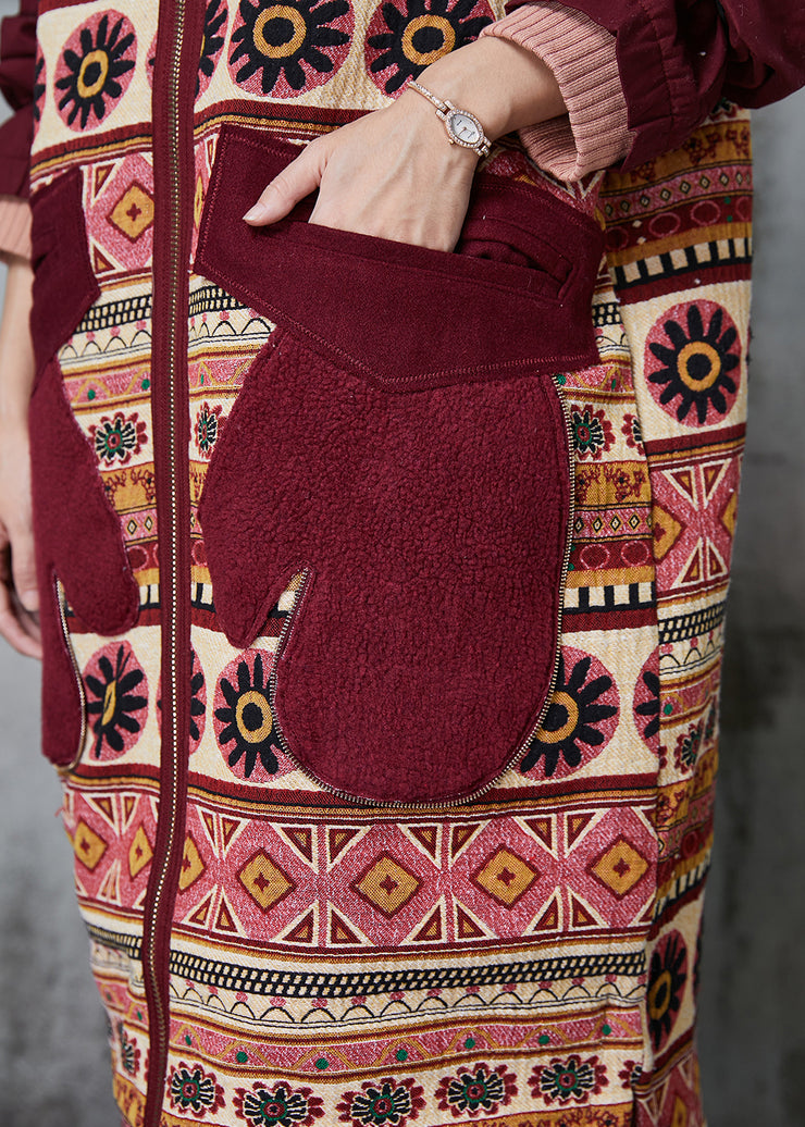 Bohemian Mulberry Hooded Print Pockets Fine Cotton Filled Coats Winter