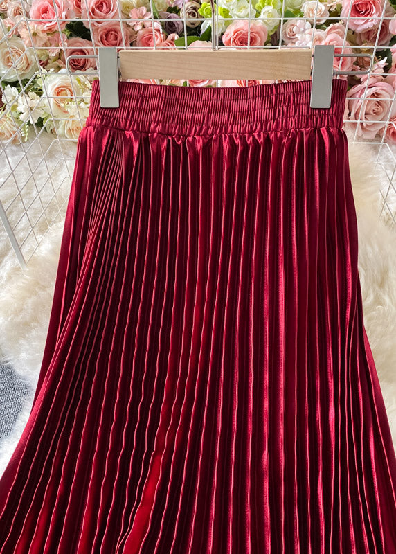 Bohemian Mulberry Satin Elastic Waist Pleated Skirts Spring
