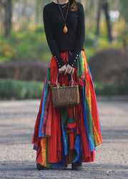 Bohemian Multi Color Wrinkled Patchwork Exra Large Hem Cotton Maxi Skirt Spring