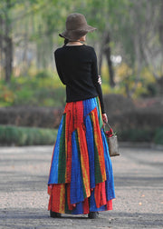 Bohemian Multi Color Wrinkled Patchwork Exra Large Hem Cotton Maxi Skirt Spring