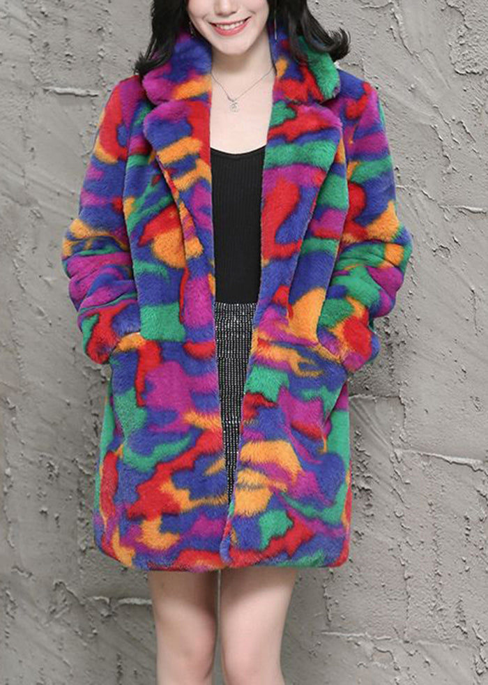 Bohemian Multicolor Oversized Tie Dye Faux Fur Jackets Winter