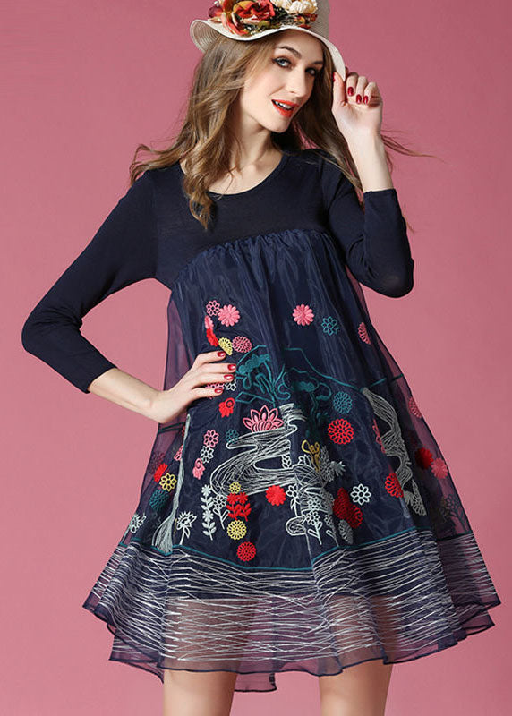 Bohemian Navy Embroidered Patchwork Organza Holiday Dress Spring