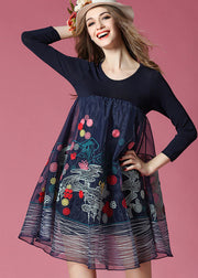Bohemian Navy Embroidered Patchwork Organza Holiday Dress Spring
