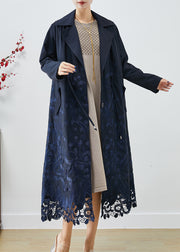 Bohemian Navy Embroidered Tie Waist Spandex Trench Coats Fall