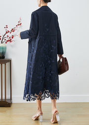 Bohemian Navy Embroidered Tie Waist Spandex Trench Coats Fall