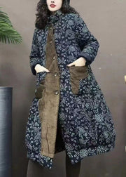 Bohemian Navy Pockets Print Patchwork Warm Fleece Coats Winter