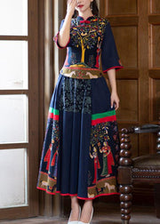 Bohemian Navy Stand Collar Tops And Skirts Cotton Two Pieces Set Spring
