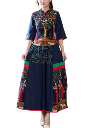 Bohemian Navy Stand Collar Tops And Skirts Cotton Two Pieces Set Spring