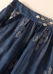 Bohemian Navy Wrinkled Pockets Patchwork Linen Skirts Summer