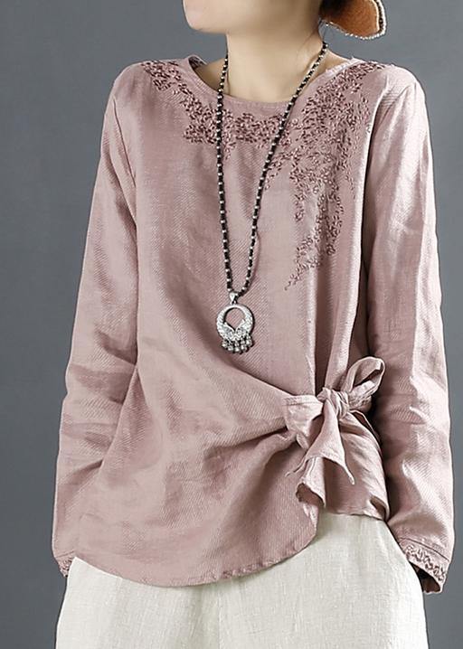 Bohemian O Neck Blouse Fashion Ideas Pink Embroidery Tops - SooLinen