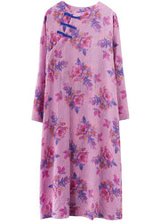 Bohemian O Neck Chinese Button Spring Pattern Purple Print Loose Dress - SooLinen