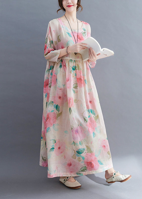 Bohemian O-Neck Cinched Floral Print vacation Dress Three Quarter sleeve