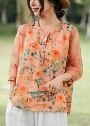 Bohemian Orange Embroidered Print Linen Shirt Top Summer
