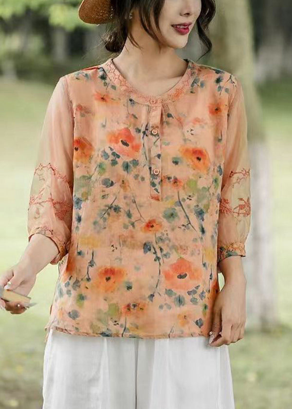 Bohemian Orange Embroidered Print Linen Shirt Top Summer