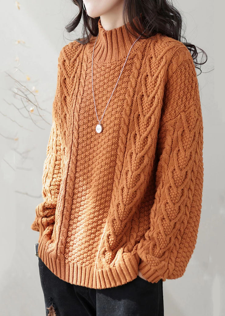 Bohemian Orange High Neck Chunky Oversized Cable Knit Sweater Winter
