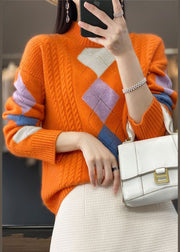 Bohemian Orange High Neck Print Chunky Knit Sweater Tops Winter
