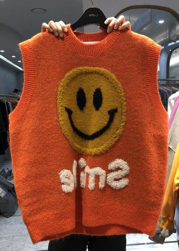 Bohemian Orange O-Neck Smile Jacquard Patchwork Knit vest Sleeveless