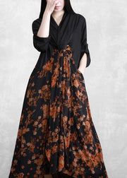 Bohemian Orange Print Dresses Asymmetric V Neck Maxi Spring Dresses - SooLinen