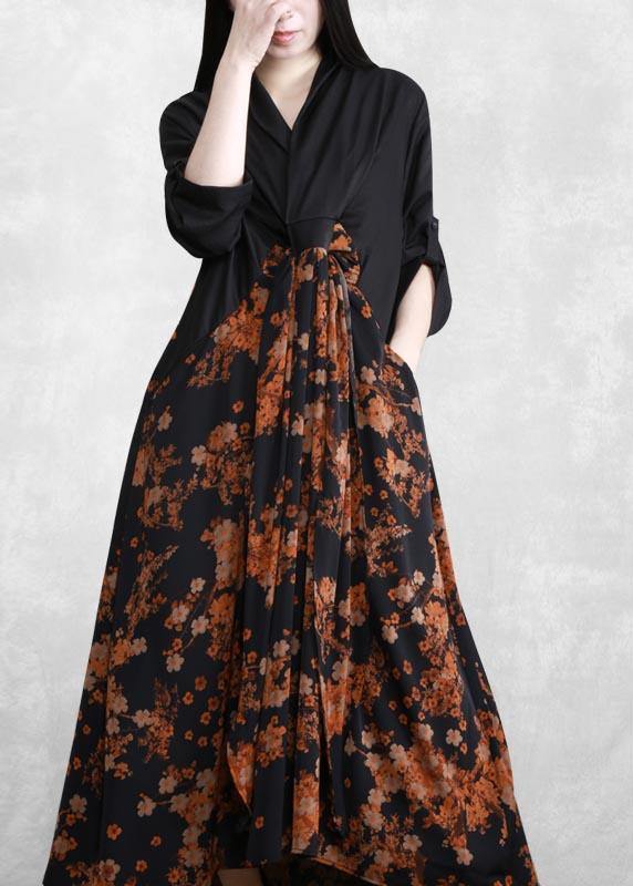 Bohemian Orange Print Dresses Asymmetric V Neck Maxi Spring Dresses - SooLinen
