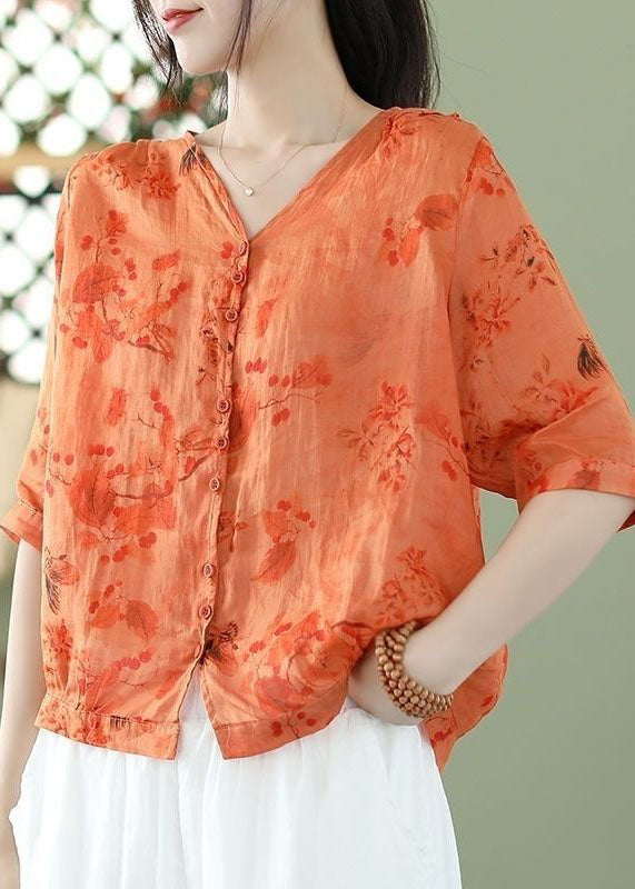 Bohemian Orange Print Slim Fit Linen Shirt Top Half Sleeve