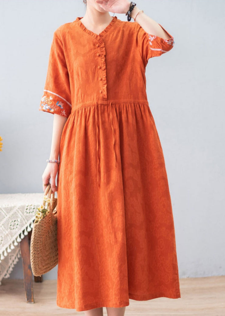 Bohemian Orange Ruffled Drawstring Embroidered Jacquard Cotton Dresses Half Sleeve