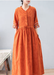 Bohemian Orange Ruffled Drawstring Embroidered Jacquard Cotton Dresses Half Sleeve