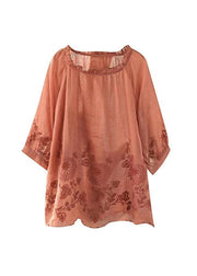Bohemian Orange Ruffled Embroideried Linen T Shirt Summer