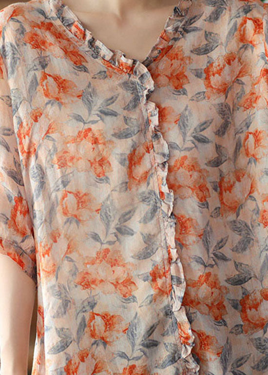Bohemian Orange Ruffled Print Patchwork Linen Blouses Summer