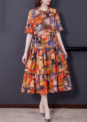 Bohemian Orange Ruffled Print Patchwork Silk Dress Summer